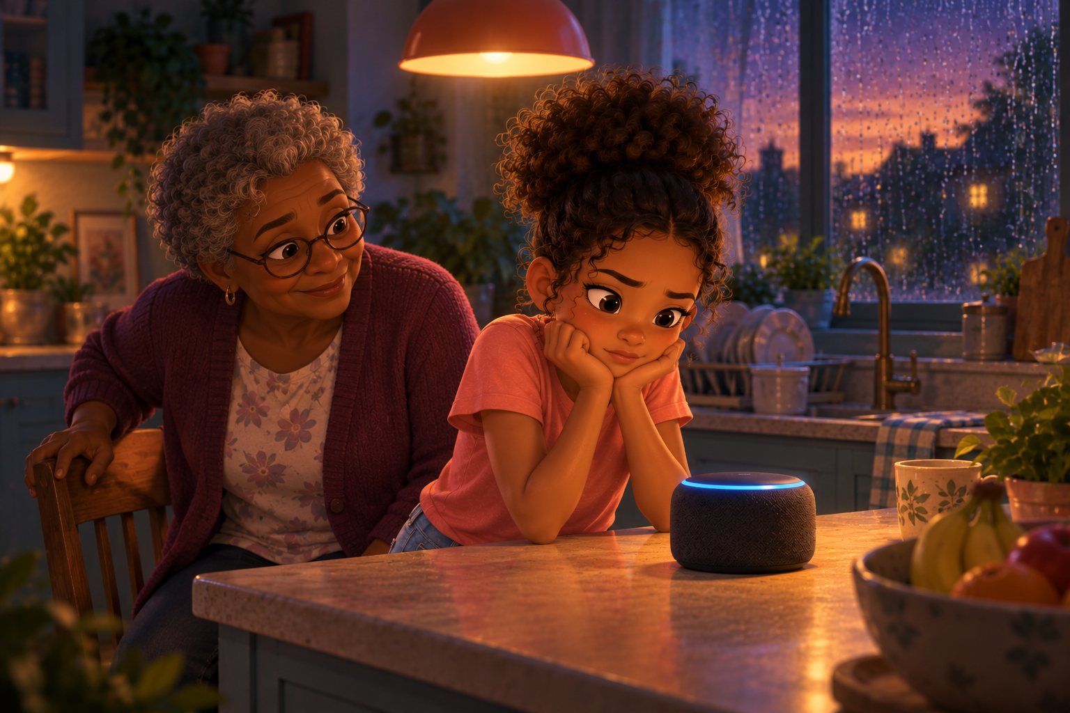 Gran sitting down beside Nia in the evening kitchen as Nia frowns thoughtfully at the smart speaker.